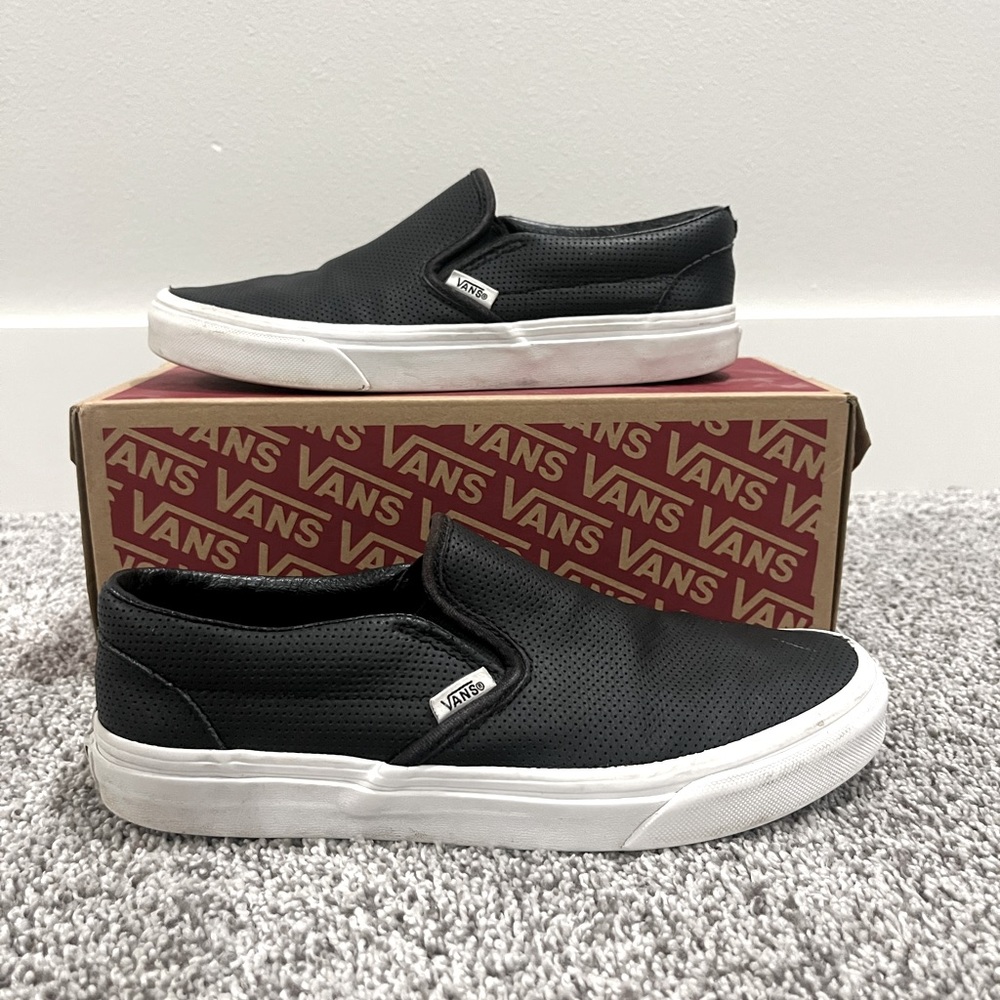 Womens black slip on vans, size 8